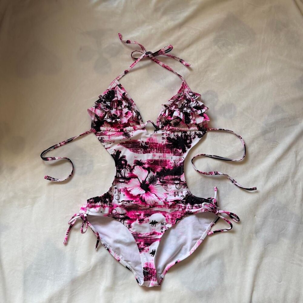 vintage y2k tropical OP Ocean Pacific pink black Cutout Monokini junior's large